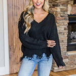 V-neck fringed hem knit top Sweater