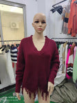 V-neck fringed hem knit top Sweater