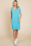 Relaxed V Neck Roll Over Sleeve T Shirt Dress