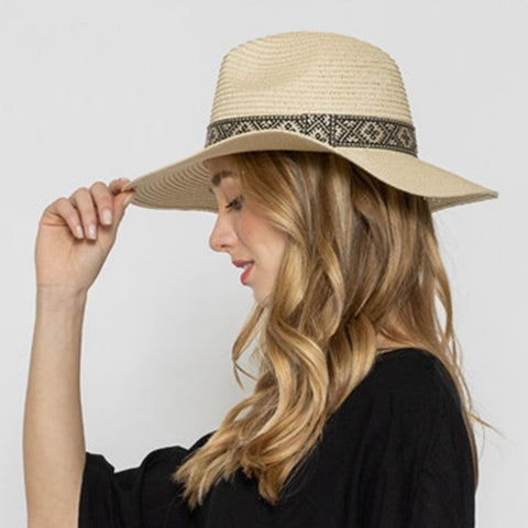 Straw Panama Hat With Aztec Trim-Blk/Brown