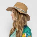 Straw Panama Hat With Aztec Band And Pearl Accents