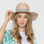 Straw Panama Hat With Aztec Band And Pearl Accents