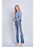 LOW RISE STRETCH  DISTRESSED BOOTCUT WITH FRAYED HEM JEANS