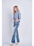 LOW RISE STRETCH  DISTRESSED BOOTCUT WITH FRAYED HEM JEANS