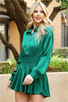 FOREST GREEN SMOCKED WAIST LONG SLEEVE DRESS WITH SHORTS