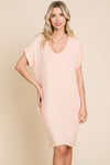 Relaxed V Neck Roll Over Sleeve T Shirt Dress