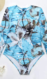 Aqua Tropical Print Rash Guard One Piece Swimsuit