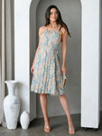 BACKLESS HALTER NECK MULTI PRINT MIDI DRESS