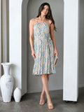 BACKLESS HALTER NECK MULTI PRINT MIDI DRESS