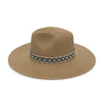 Straw Panama Hat With Aztec Band And Pearl Accents