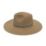 Straw Panama Hat With Aztec Band And Pearl Accents