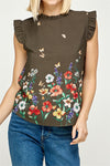 OLIVE FLORAL BUTTERFLY PRINTED RUFFLE TOP