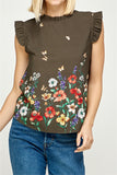 OLIVE FLORAL BUTTERFLY PRINTED RUFFLE TOP