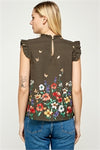 OLIVE FLORAL BUTTERFLY PRINTED RUFFLE TOP