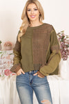 FADED OLIVE KNITTED DETAIL PULLOVER TOP