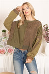 FADED OLIVE KNITTED DETAIL PULLOVER TOP